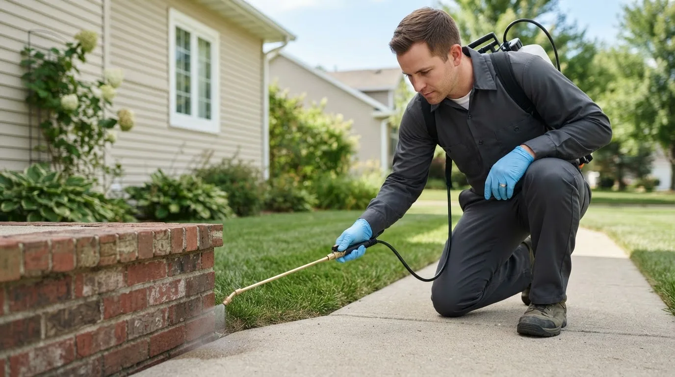 Pest control technician treating a home near Alma, MI