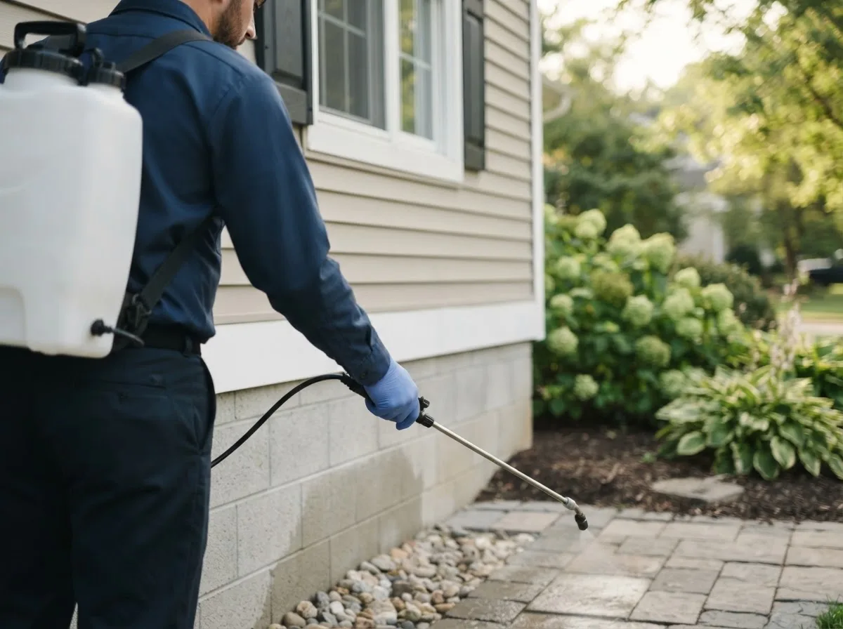 Pest control technician inspecting a home in Alma, MI